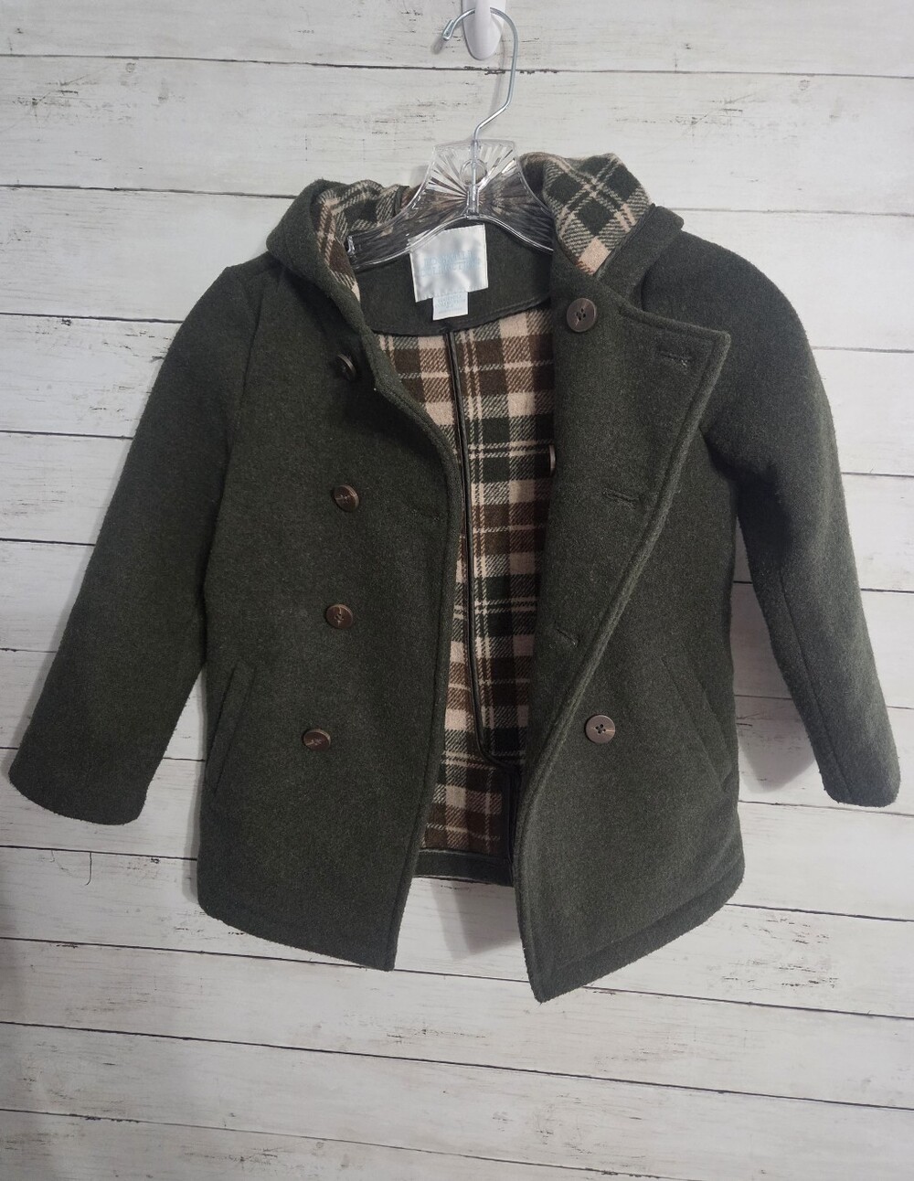 Edgehill Collection Kids Hooded Peacoat Jacket-Olive Green- Wool Blend Sz 4-5